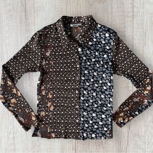 ALBERTO MALAKI Vintage Crinkle Plisse Leopard Print Floral Blouse Top Shirt L